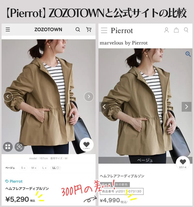 PierrotのZOZOTOWNと公式通販の価格比較画像